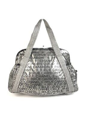 Chanel Boston Bag CC Logo Nylon Canvas Silver